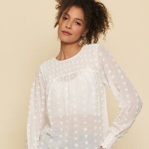 Mystree White Swiss Dot Smocked Yoke Blouse Sheer Long Sleeve Boho Top